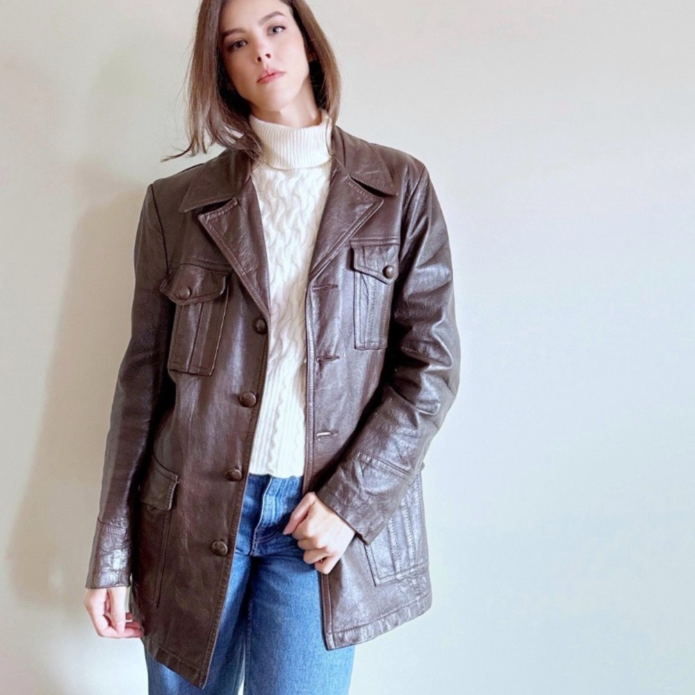 Vintage Dark Brown Leather Button-Front Jacket.